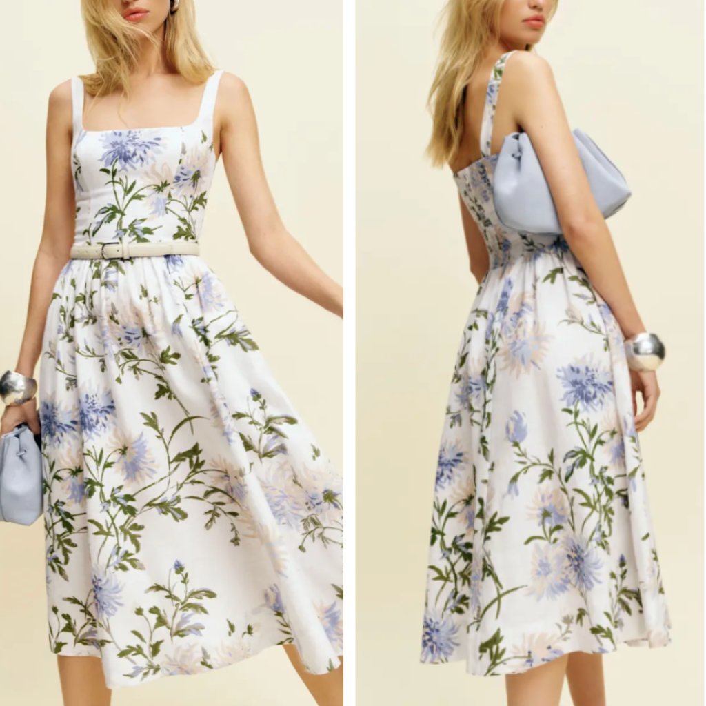 Best Reformation Janu Linen Midi Dress Sz2/6 Serenity White Blue Floral French